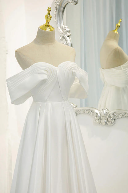 Open Back Off the Shoulder Wedding Dresses Sweep / Brush Train White Satin Long Pleated Prom Dress