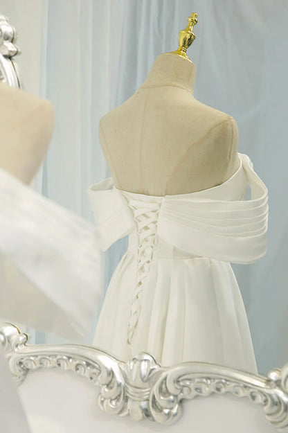 Open Back Off the Shoulder Wedding Dresses Sweep / Brush Train White Satin Long Pleated Prom Dress