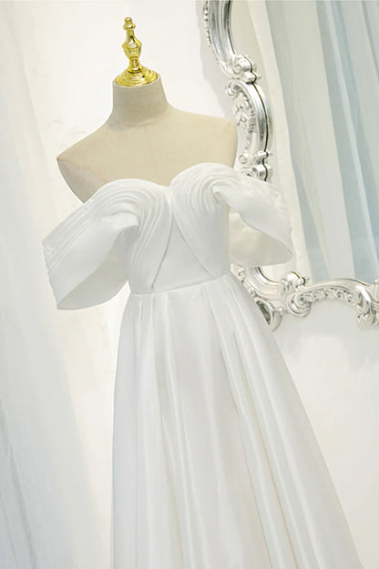 Open Back Off the Shoulder Wedding Dresses Sweep / Brush Train White Satin Long Pleated Prom Dress