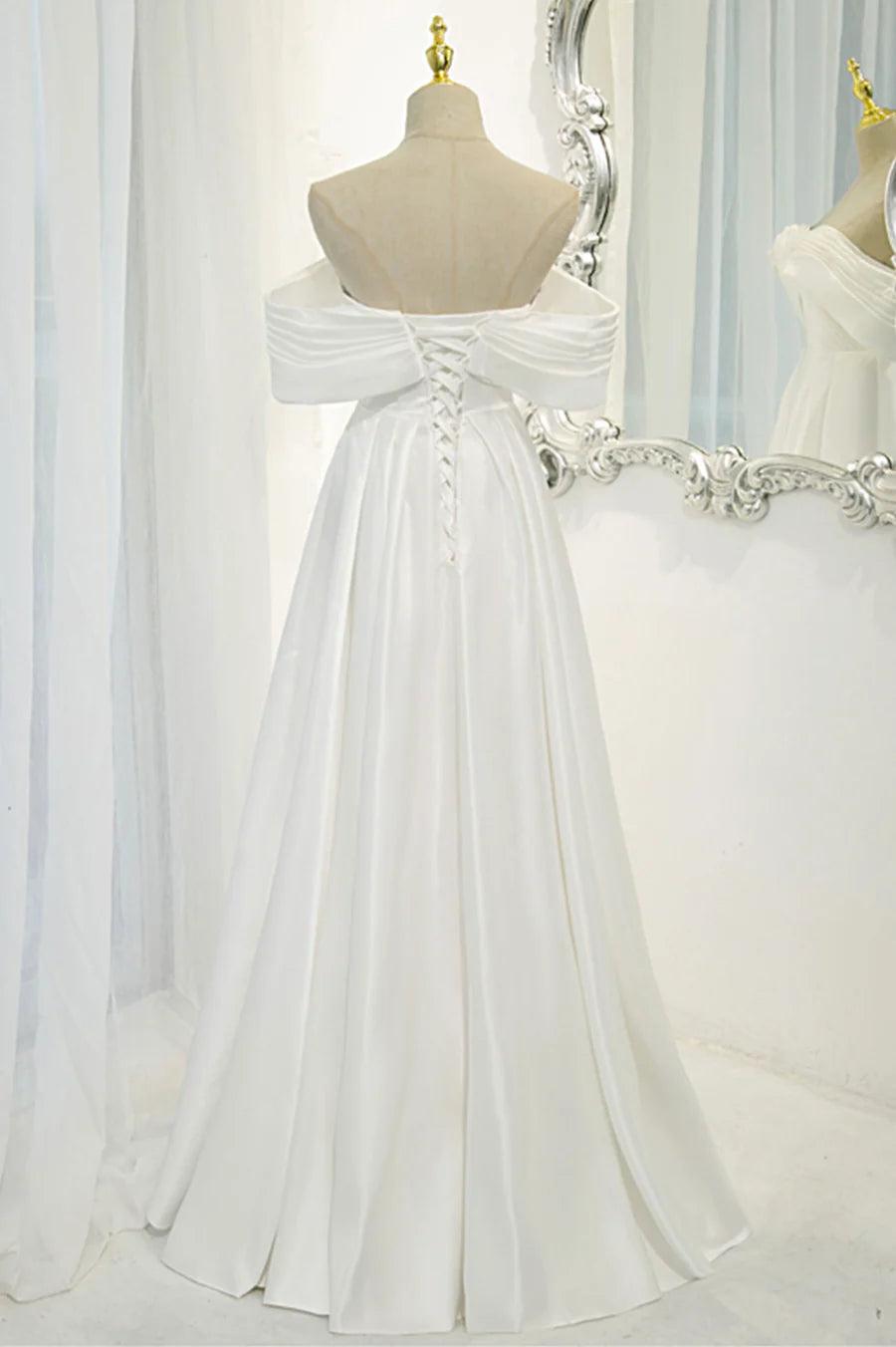 Open Back Off the Shoulder Wedding Dresses Sweep / Brush Train White Satin Long Pleated Prom Dress