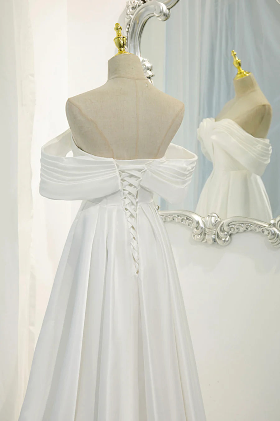Open Back Off the Shoulder Wedding Dresses Sweep / Brush Train White Satin Long Pleated Prom Dress