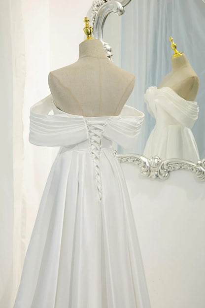 Open Back Off the Shoulder Wedding Dresses Sweep / Brush Train White Satin Long Pleated Prom Dress