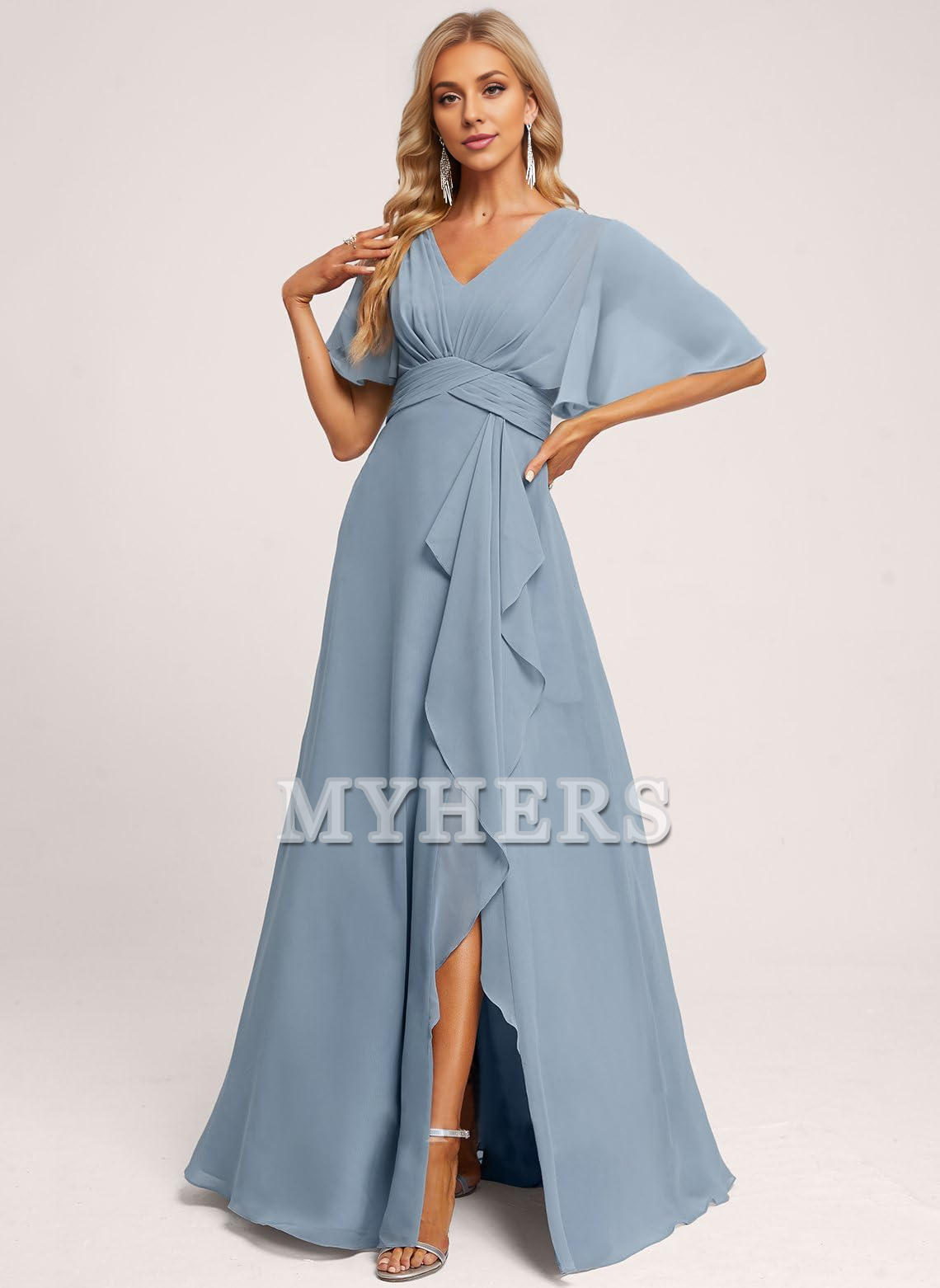 Elegant V Neck Flutter Sleeve Ruffle Side Fork Long Bridesmaid Dresses Wedding Guests Dresses
