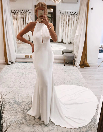 Halter Open Back Long Wedding Dress