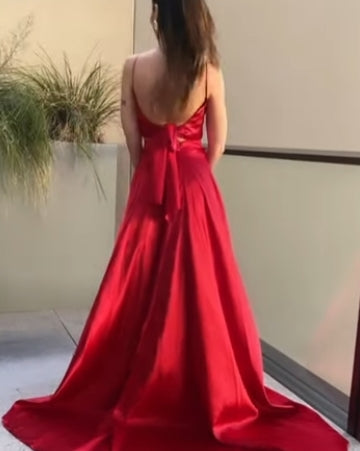A-Line/Princess Woven Satin Ruffles V-neck Sleeveless Sweep/Brush Train Two Piece Party Dresses Formal Dresses