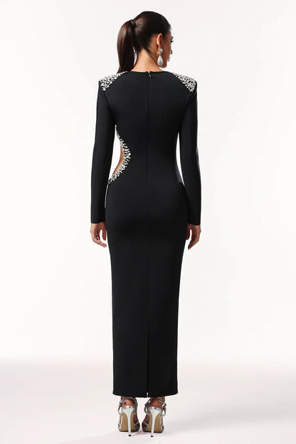 Glamorous Black Long-Sleeve with Crystal Embellished Cutout and Shoulder Detail Midi Evening Dress