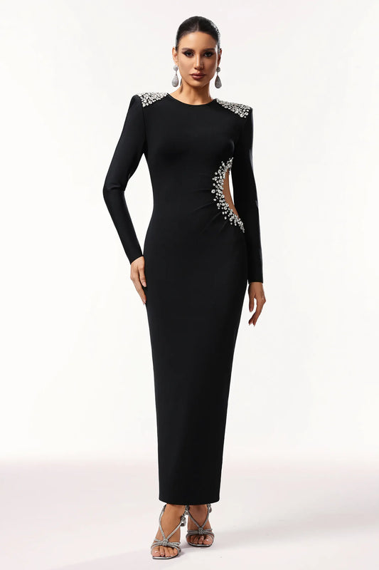 Glamorous Black Long-Sleeve with Crystal Embellished Cutout and Shoulder Detail Midi Evening Dress