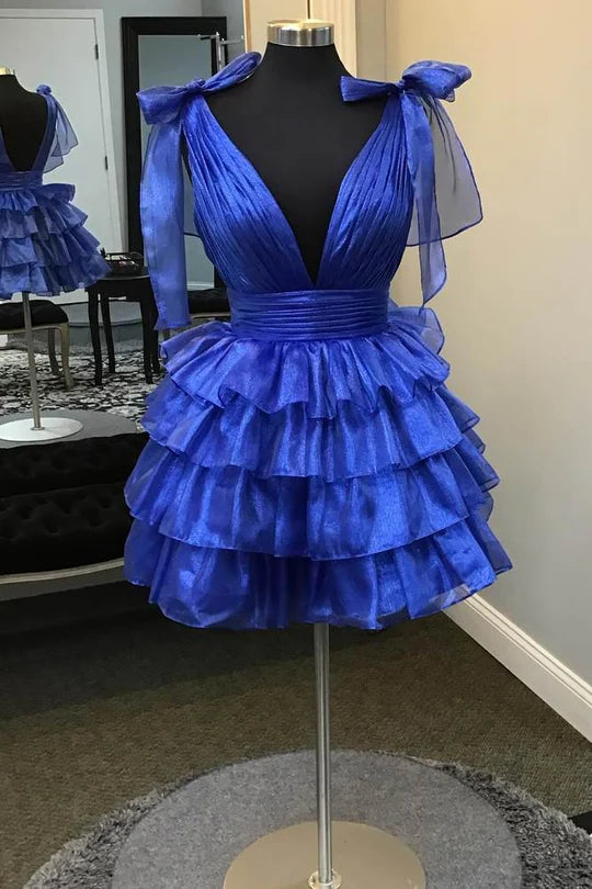 V-Neck Ruffle Homecoming Dress with Bow