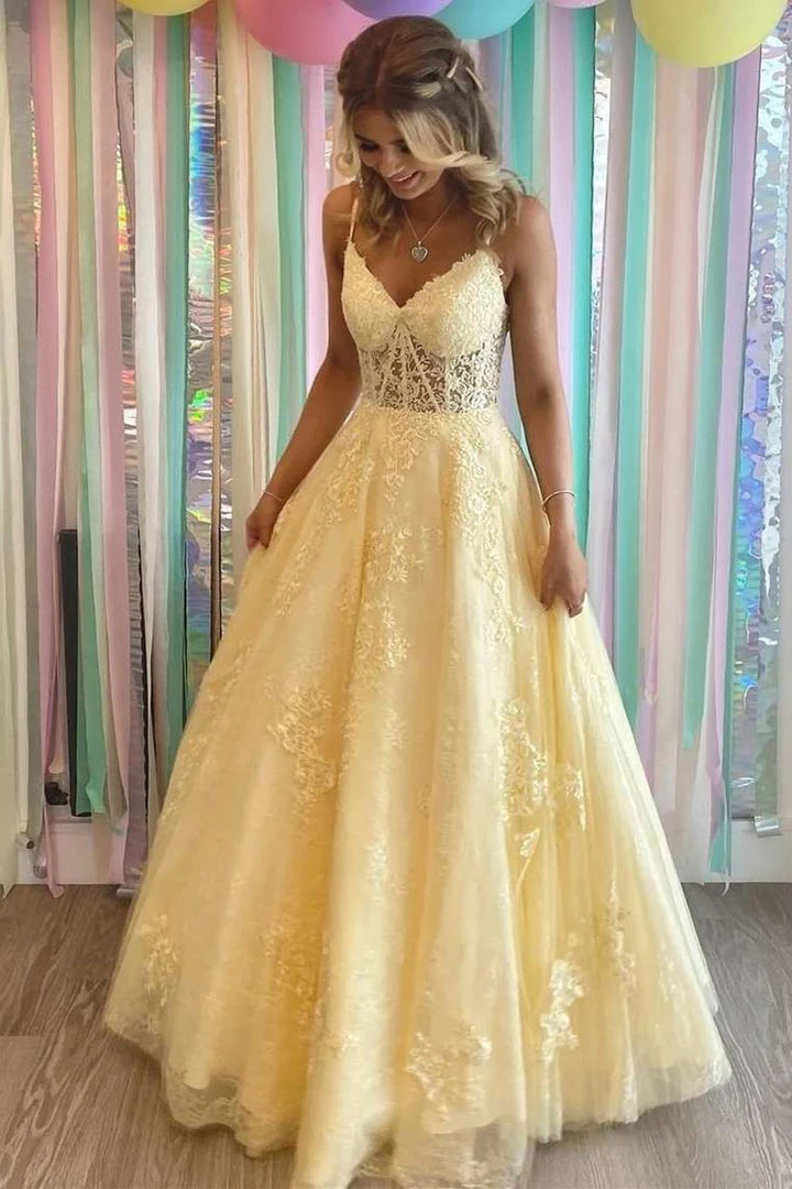 V-Neck Lace-Up Back Long Prom Dress