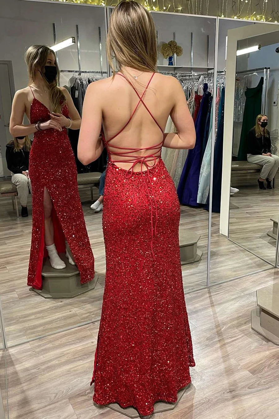 Sequin V-Neck Lace-Up Long Prom Dress with Slit