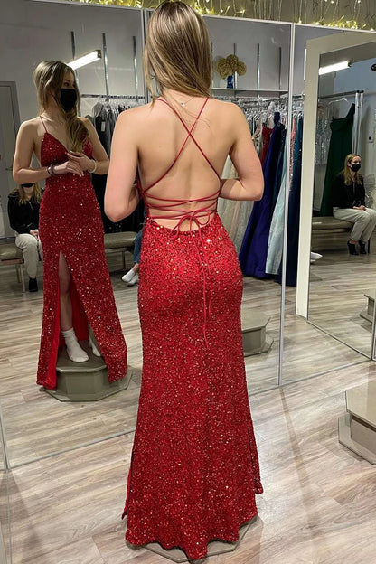 Sequin V-Neck Lace-Up Long Prom Dress with Slit