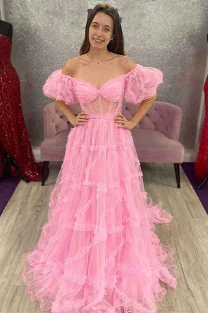 Sheer Corset Ruffles A-Line Prom Dress with Puff Sleeves