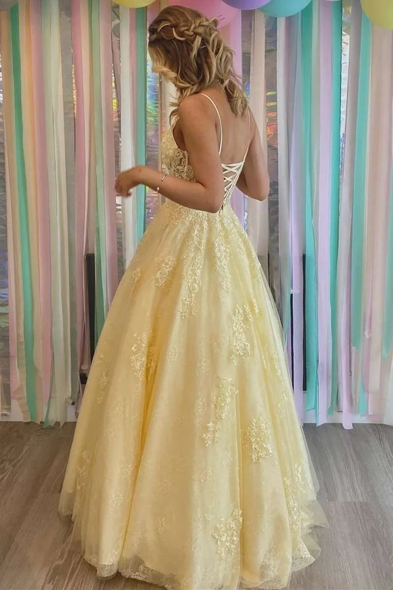 V-Neck Lace-Up Back Long Prom Dress