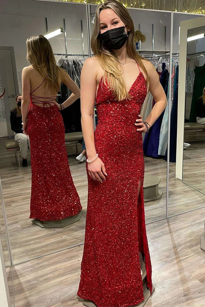 Sequin V-Neck Lace-Up Long Prom Dress with Slit