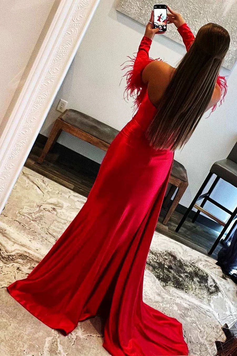 Strapless Long Sleeve Mermaid Prom Dress with Slit