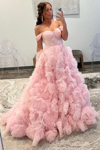 Tulle Off-the-Shoulder Long Prom Dress with Ruffles