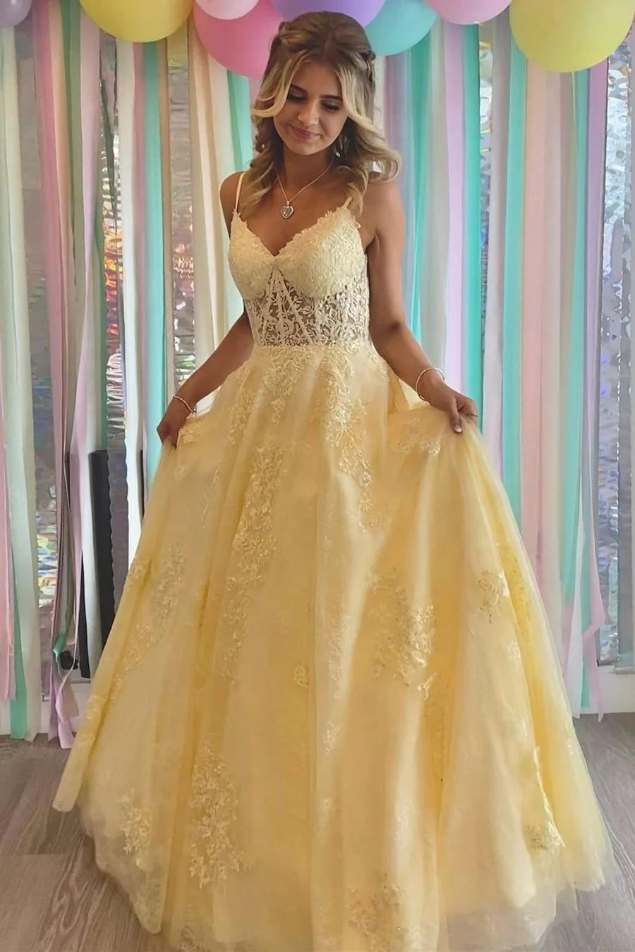 V-Neck Lace-Up Back Long Prom Dress