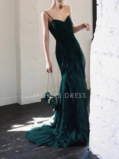 My Hers Prom Dress Sweetheart Spaghetti Strap Mermaid Ruffle Chiffon Long Irregular Unique Ladies Formal Dress