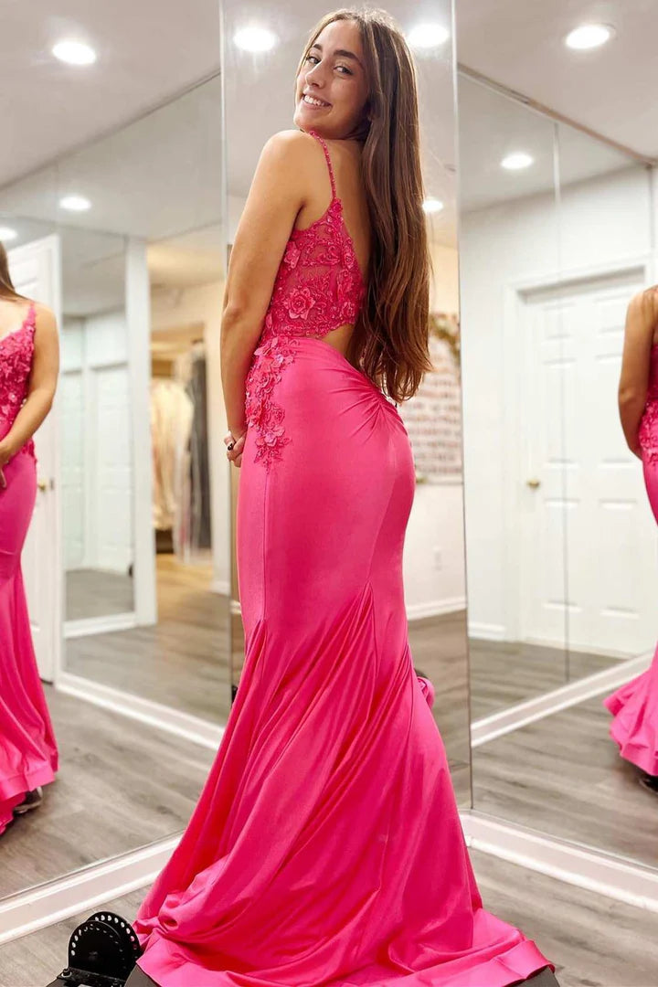 3D Floral Lace V-Neck Backless Trumpet Prom Dress