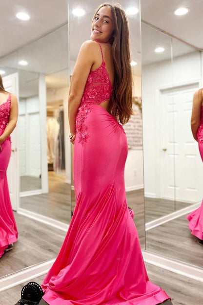 3D Floral Lace V-Neck Backless Trumpet Prom Dress