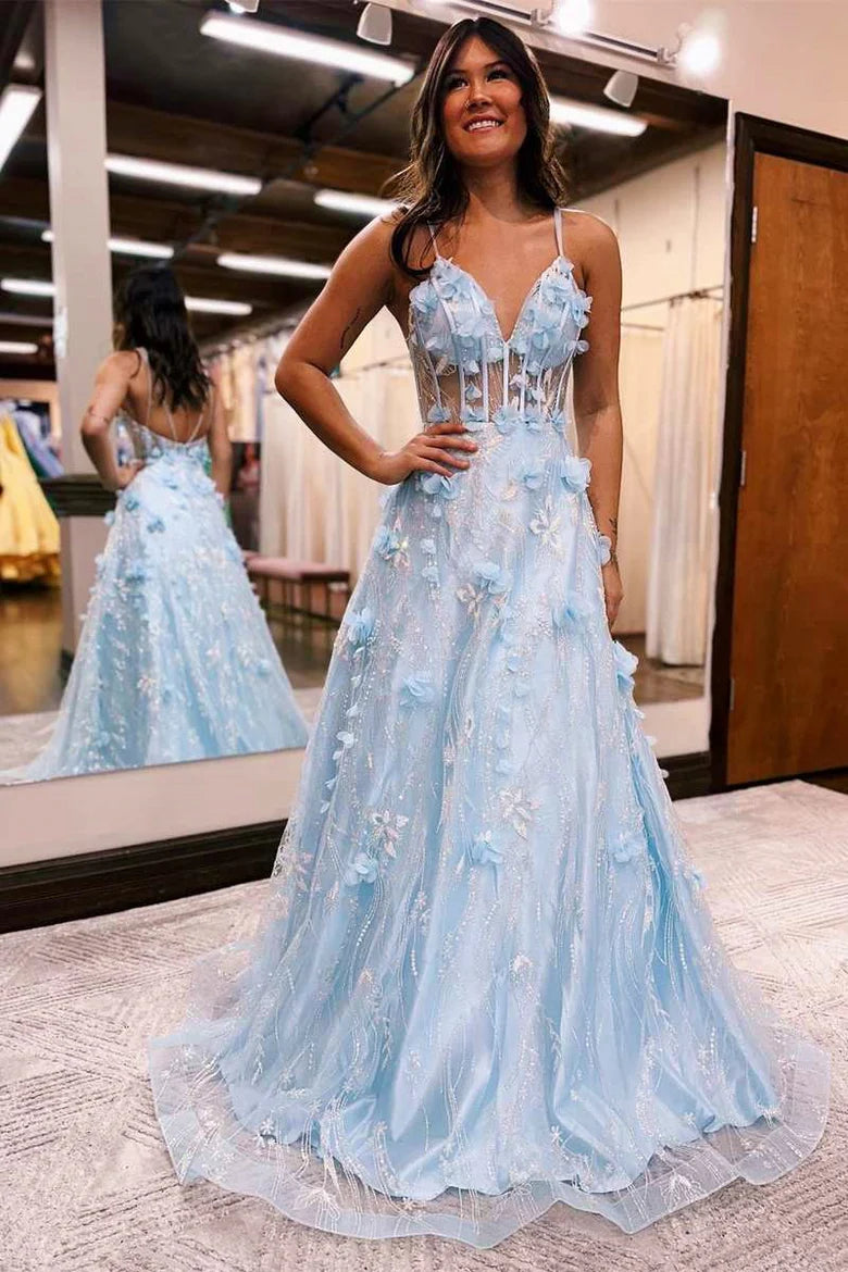 Princess  3D Floral Lace V-Neck A-Line Long Prom Dress