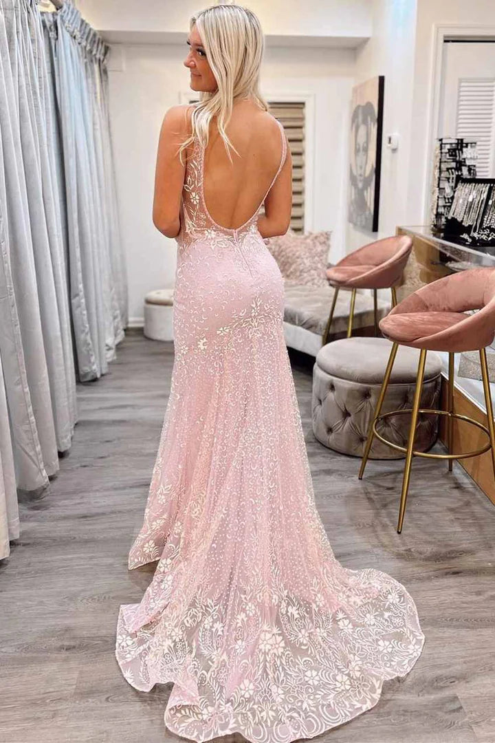 Jacquard Tulle V-Neck Backless Mermaid Prom Dress