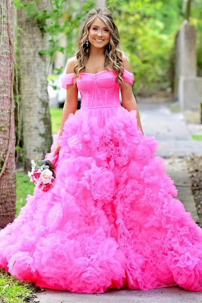 Tulle Off-the-Shoulder Long Prom Dress with Ruffles