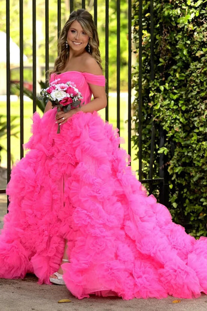 Tulle Off-the-Shoulder Long Prom Dress with Ruffles