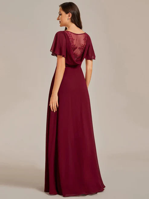 Back See-Through Swing Collar Applique Ruffles Sleeve A-Line Evening Dress/Prom Dresses Party Dresses