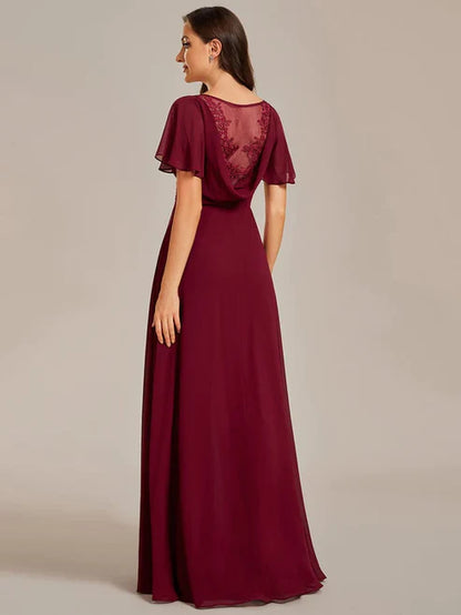 Back See-Through Swing Collar Applique Ruffles Sleeve A-Line Evening Dress/Prom Dresses Party Dresses