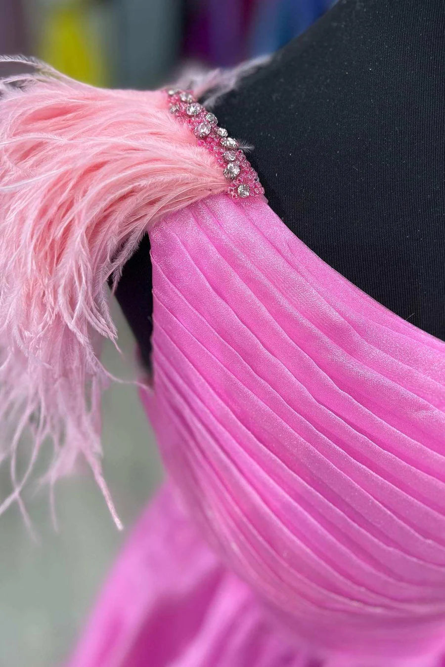 Feather One-Shoulder Ruching A-Line Long Prom Dress