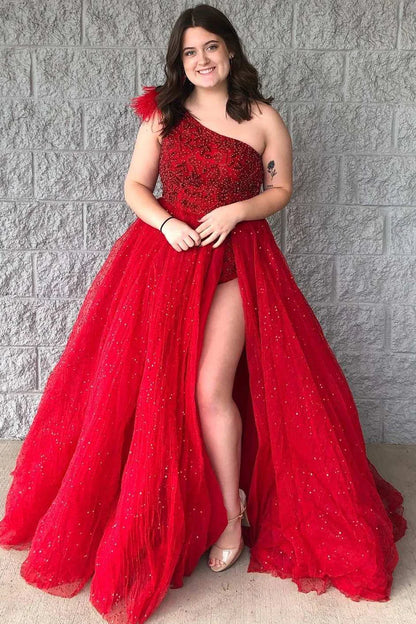 Beaded One-Shoulder Long Prom Dress with Slit