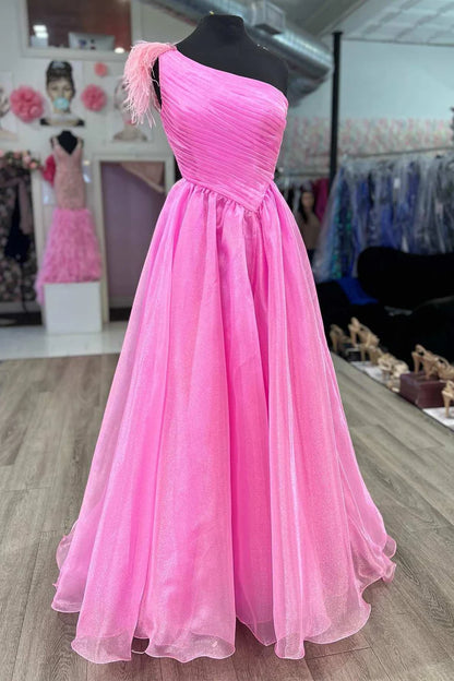 Feather One-Shoulder Ruching A-Line Long Prom Dress
