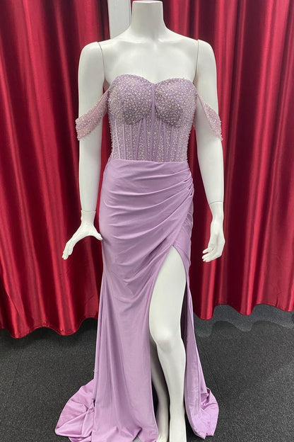 Beaded Satin Off-the-Shoulder Long Prom Dress with Slit