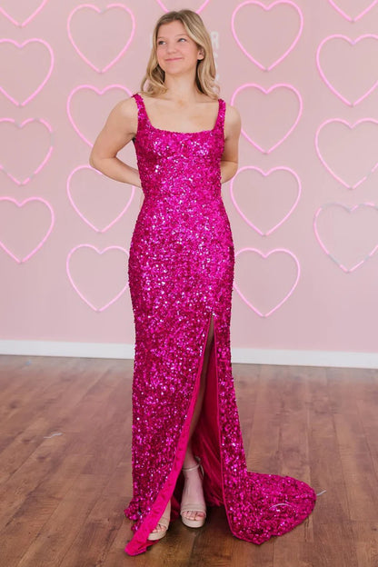 Sequin Square Neck Backless Long Formal Dress with Slit
