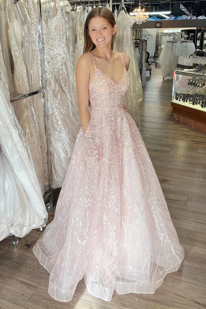 Tulle Sequin V-Neck Lace-Up A-Line Long Prom Dress