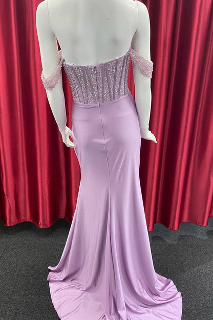 Beaded Satin Off-the-Shoulder Long Prom Dress with Slit