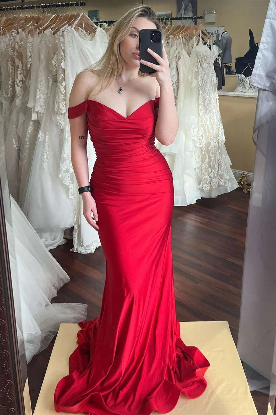 Satin Off-the-Shoulder Mermaid Maxi Dress