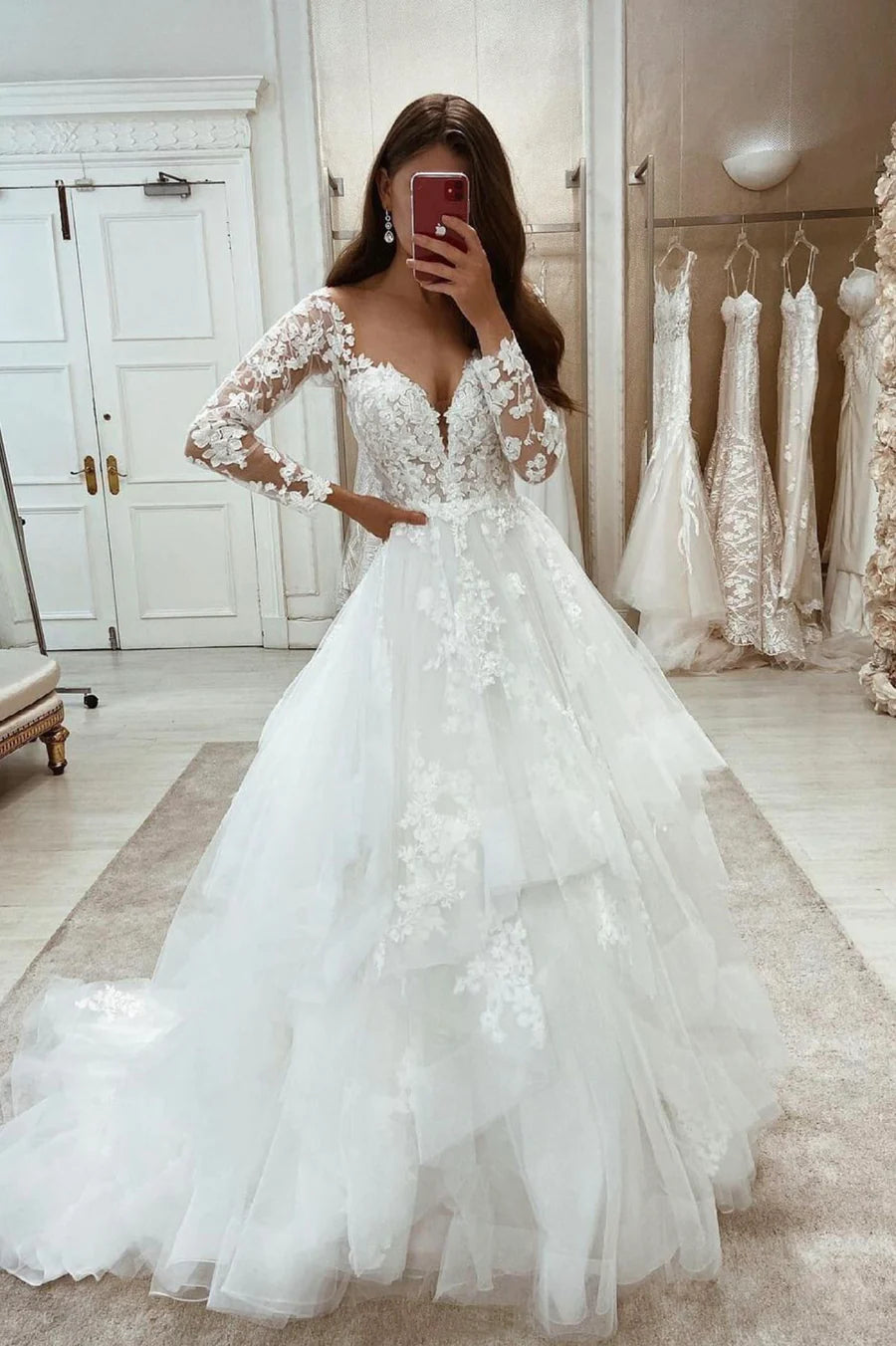 A-Line White Lace Long Sleeve Prom Dresses Formal Evening Gown Engagement Formal Wedding Dresses