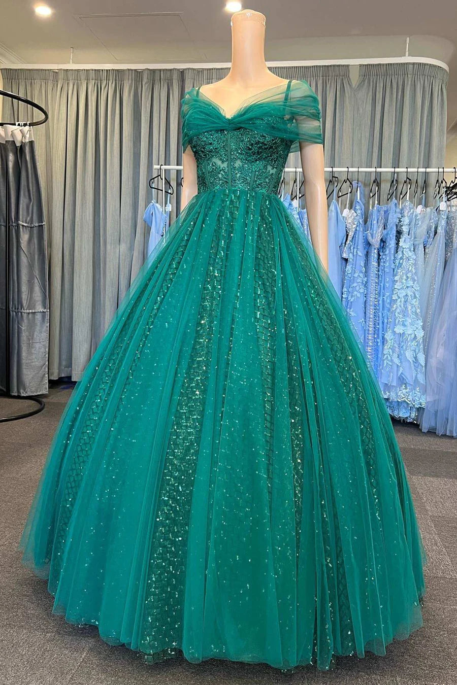 Glitter Tulle Cold-Shoulder Ball Gown