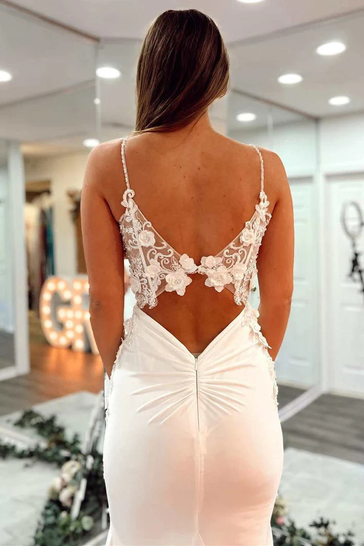 3D Floral Lace V-Neck Backless Trumpet Prom Dress