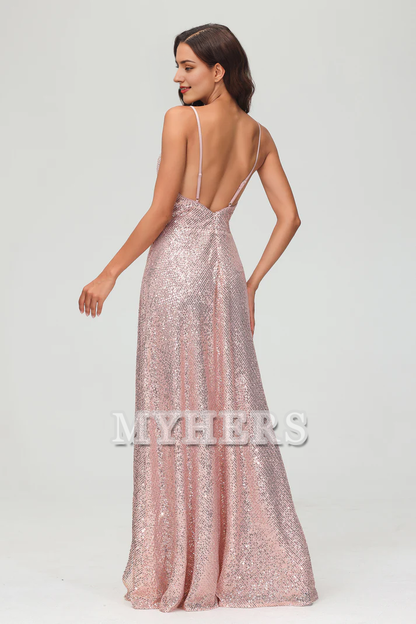 Formal Women's Dresses Sweetheart Spaghetti Straps Sequins Sheath Backless Long Dress Side Fork Floor-Length Charming Evening Dress