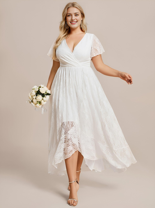 New Pattern Wedding Dress V Neck Ruffles Sleeves Pleated Loose Lace High Low Plus Size Formal Women's Dresses