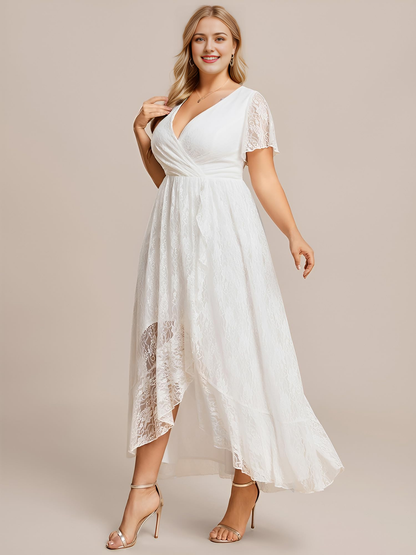 New Pattern Wedding Dress V Neck Ruffles Sleeves Pleated Loose Lace High Low Plus Size Formal Women's Dresses