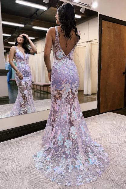 Sparkly Mermaid V Neck Spaghetti Strap Lavender Sequins Backless Lace Long Prom Dresses with Slit