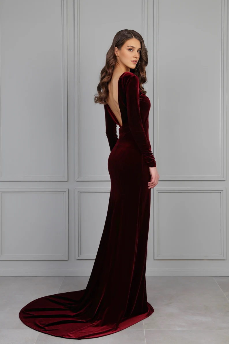 Velvet Dress Mermaid Gown Dress Maxi Open Back Train Dress Long Sleeve Wedding Guest Dress Evening Dress