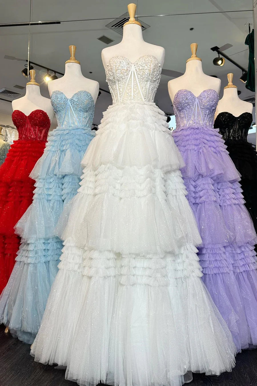 Tulle Sweetheart Tiered A-Line Long Prom Dress with Ruffles