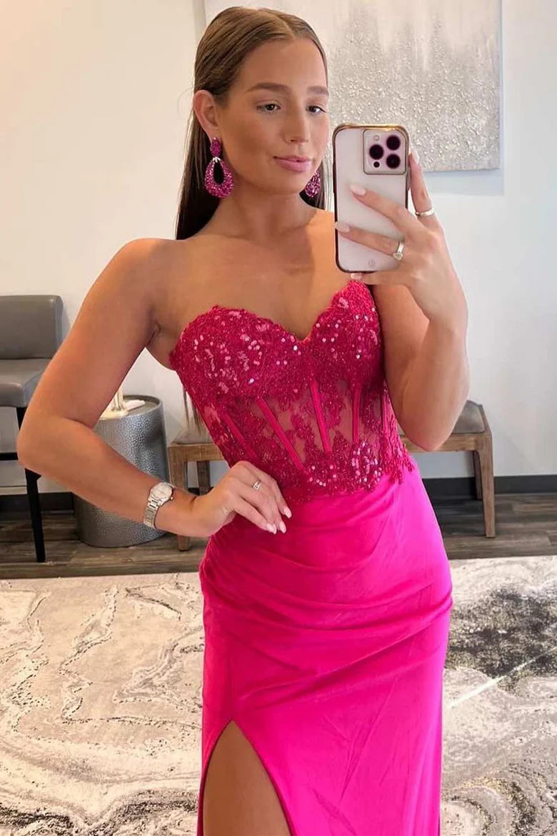 Lace Strapless Sheath Dress with Slit
