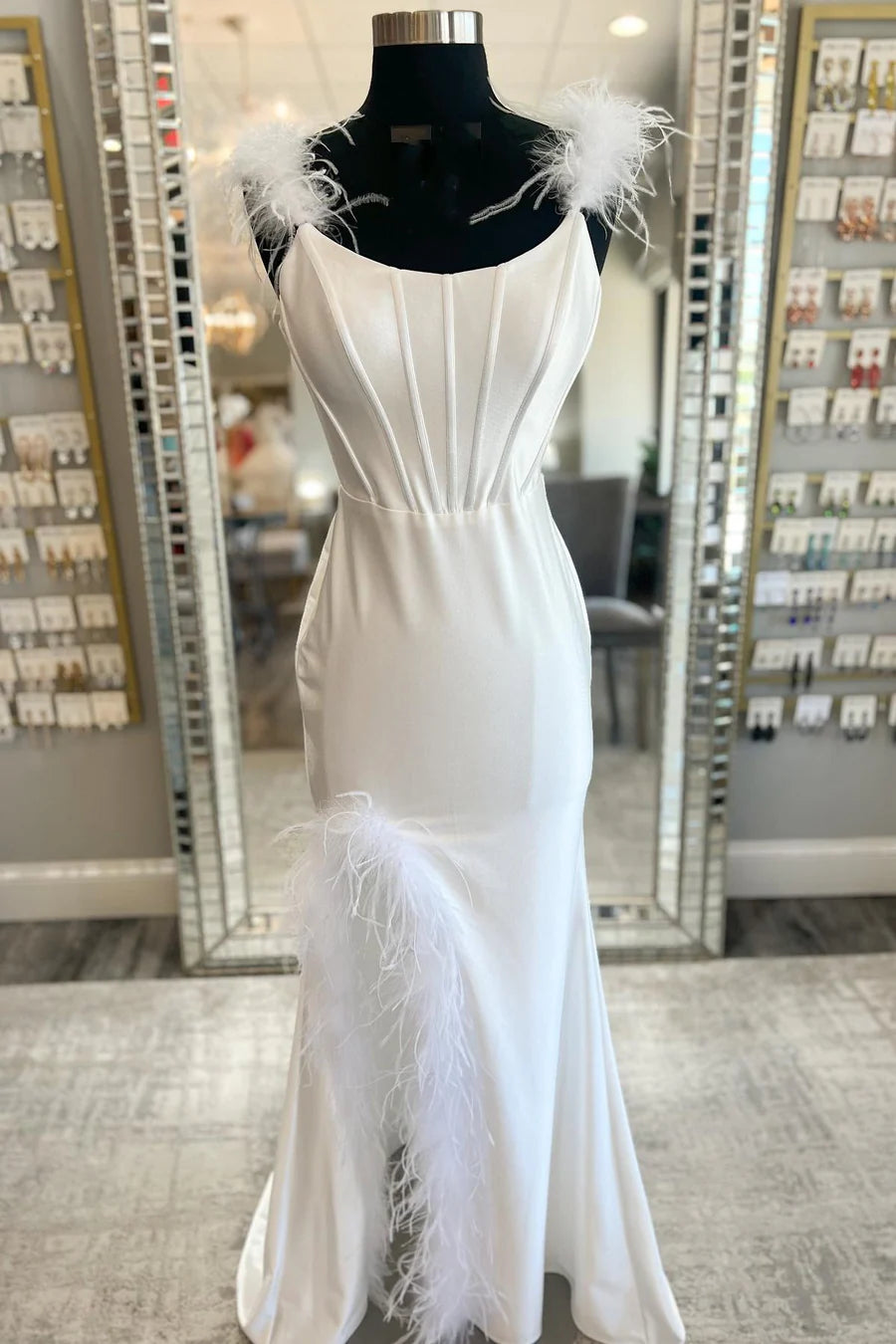 Feather Round Neck Mermaid Long Formal Dress with Slit
