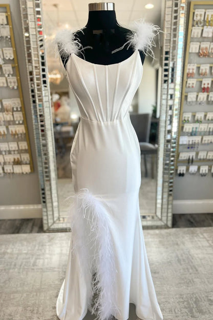 Feather Round Neck Mermaid Long Formal Dress with Slit